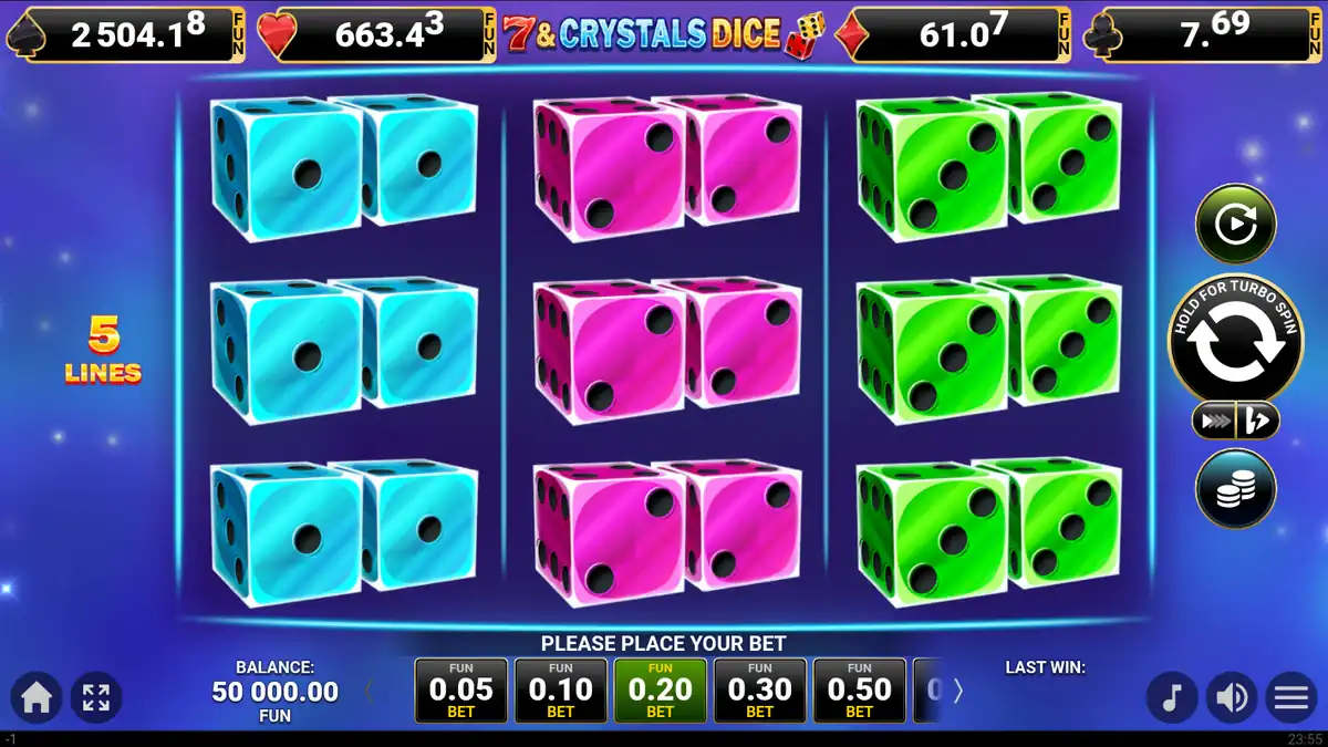 Bildschirm des Basisspiels von 7 & Crystals Dice