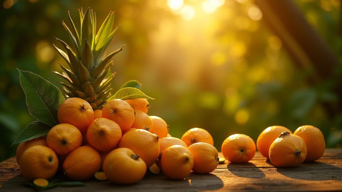 Frutas doradas brillando en un entorno tropical.