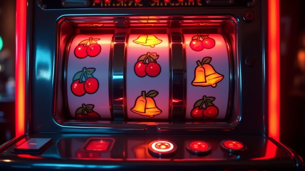 Tragamonedas retro con cerezas y campanas en luces de neón.