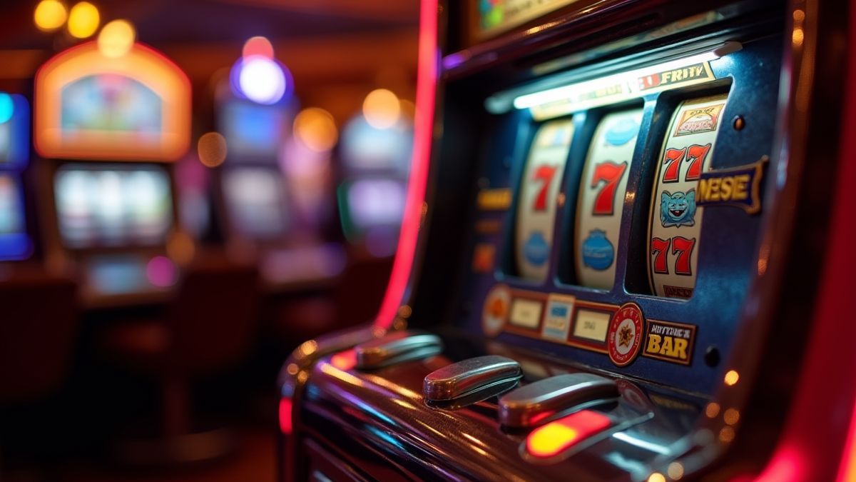 Máquina de frutas retro en un entorno de casino.