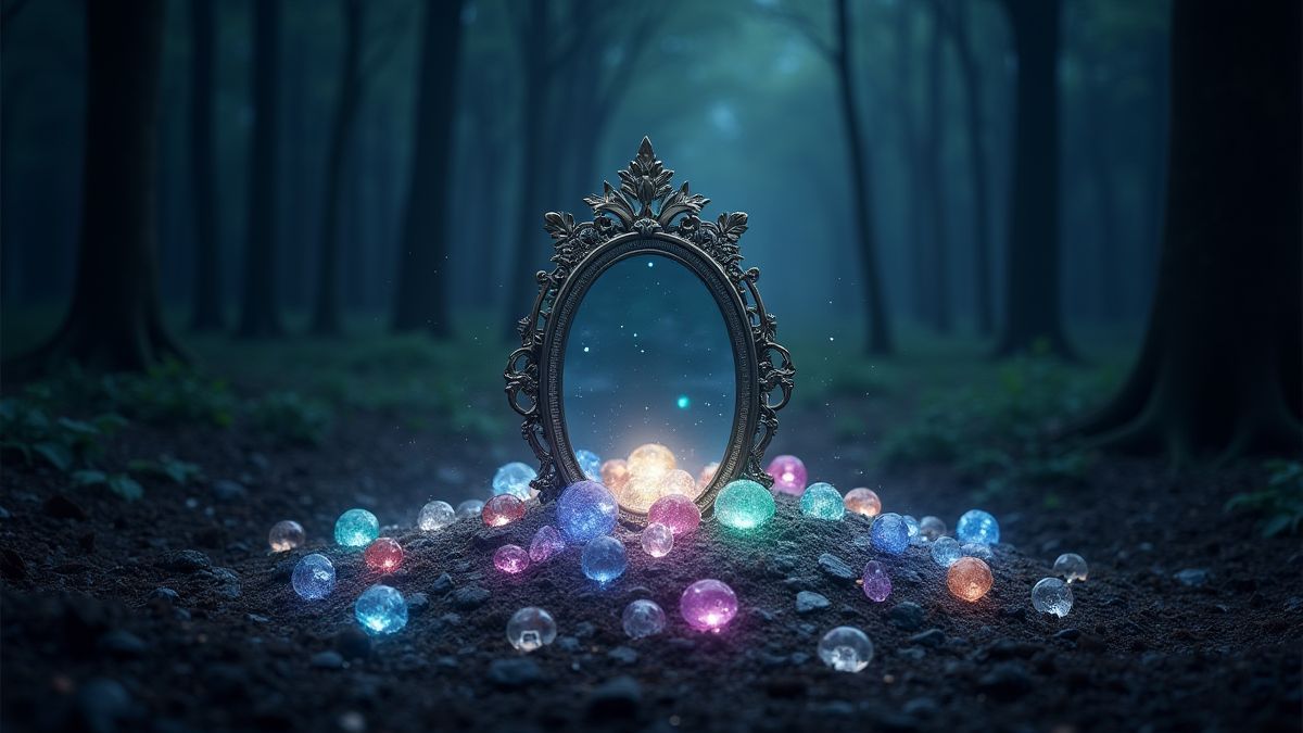 Un espejo brillante rodeado de gemas en un bosque misterioso.