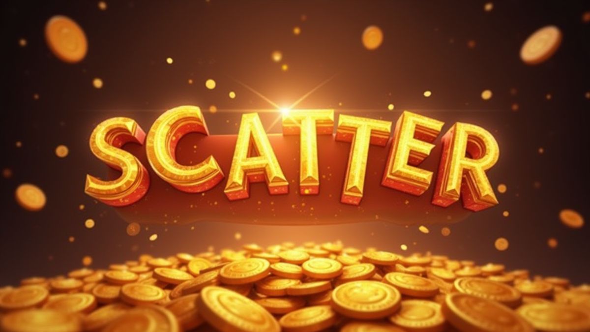 Símbolos Scatter flotando entre destellos y monedas doradas.