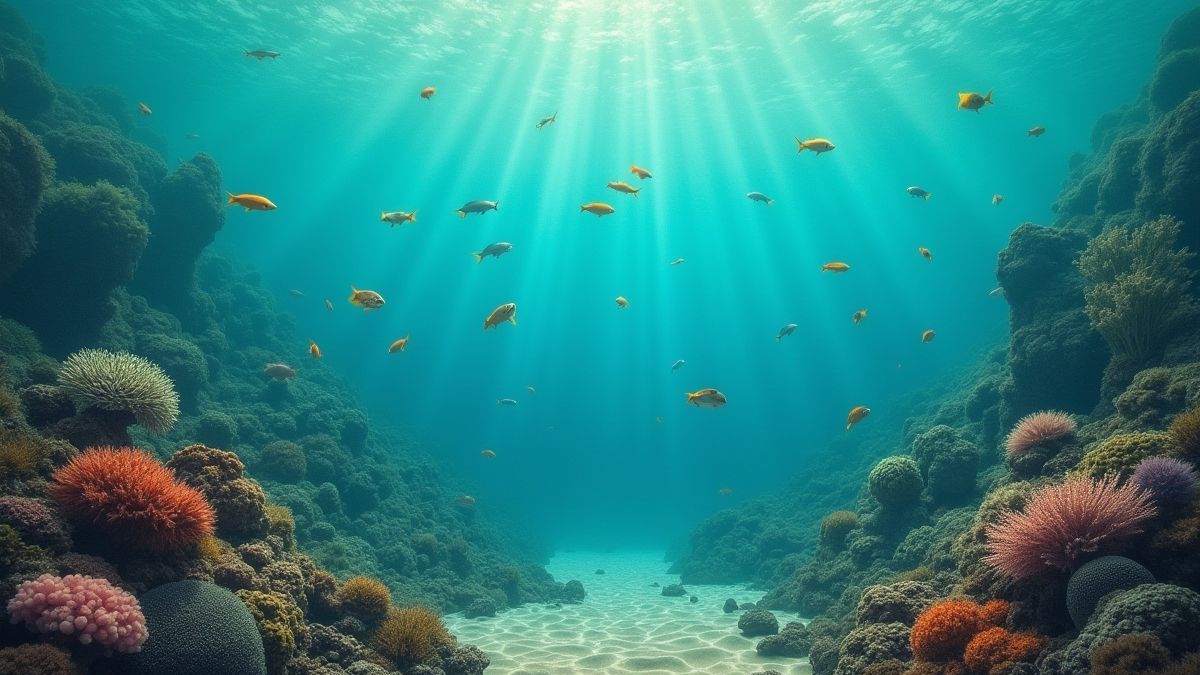 Vintage Unterwasserszene mit Korallenriffen und Fischen