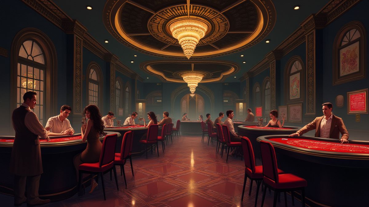 Environnement de casino sombre et mystique avec des détails dorés.