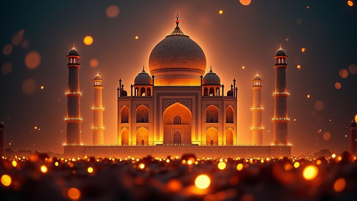 De Taj Mahal verlicht naast gouden schatten.