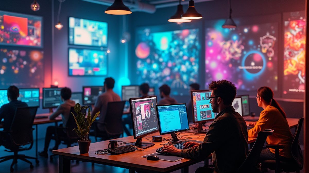 Creatieve studio met ontwerpers die aan spellen werken.