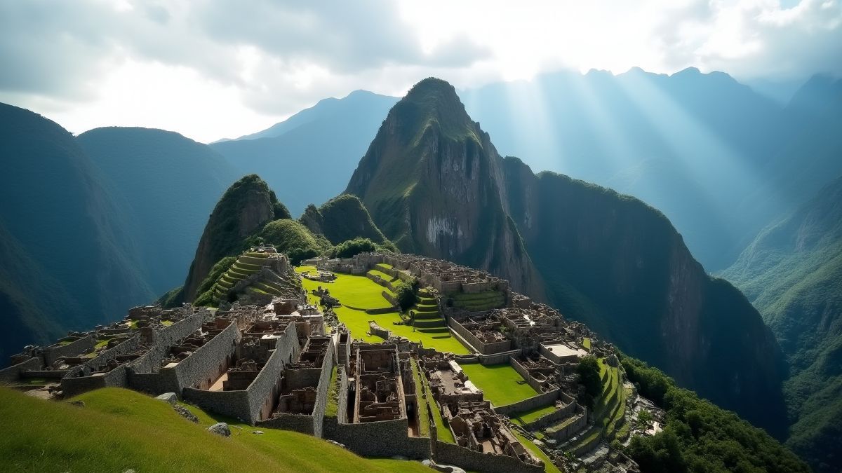 Uitzicht op Machu Picchu verlicht door zonnestralen.