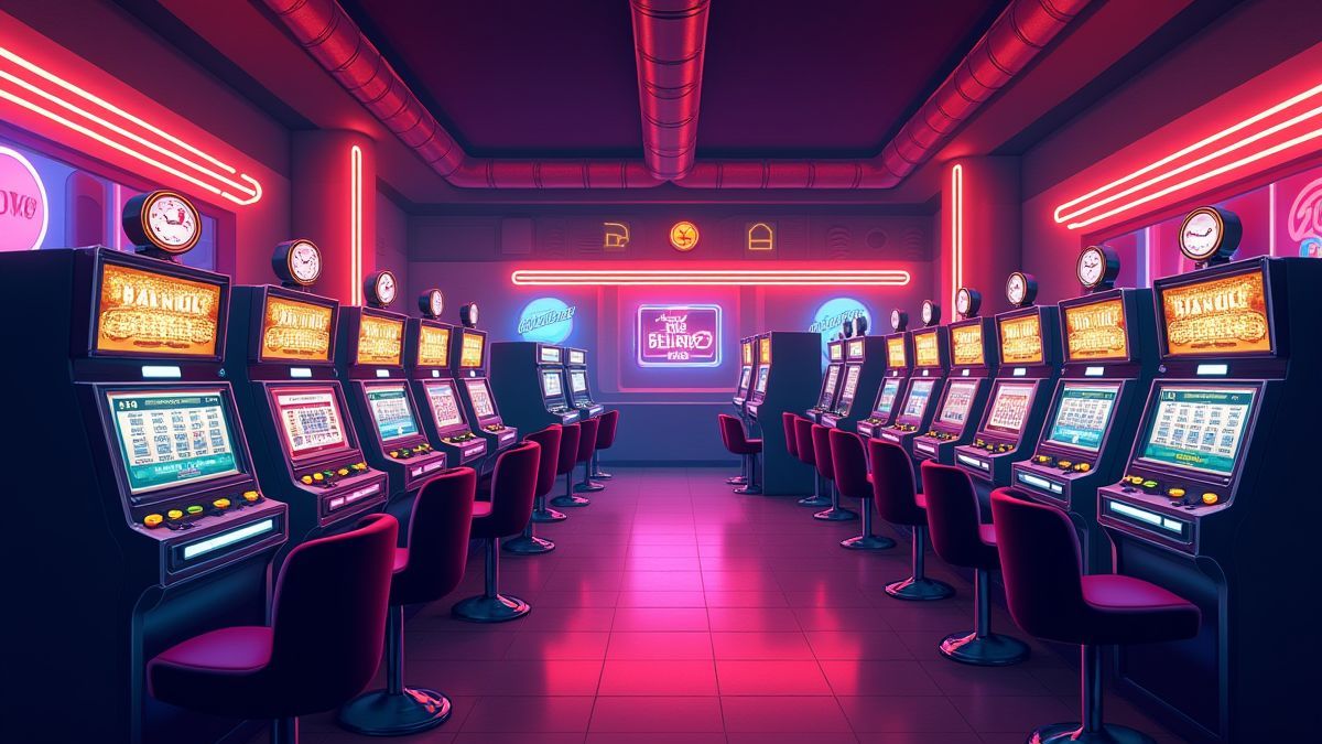 Retro casino met neonlichten en gokkasten.