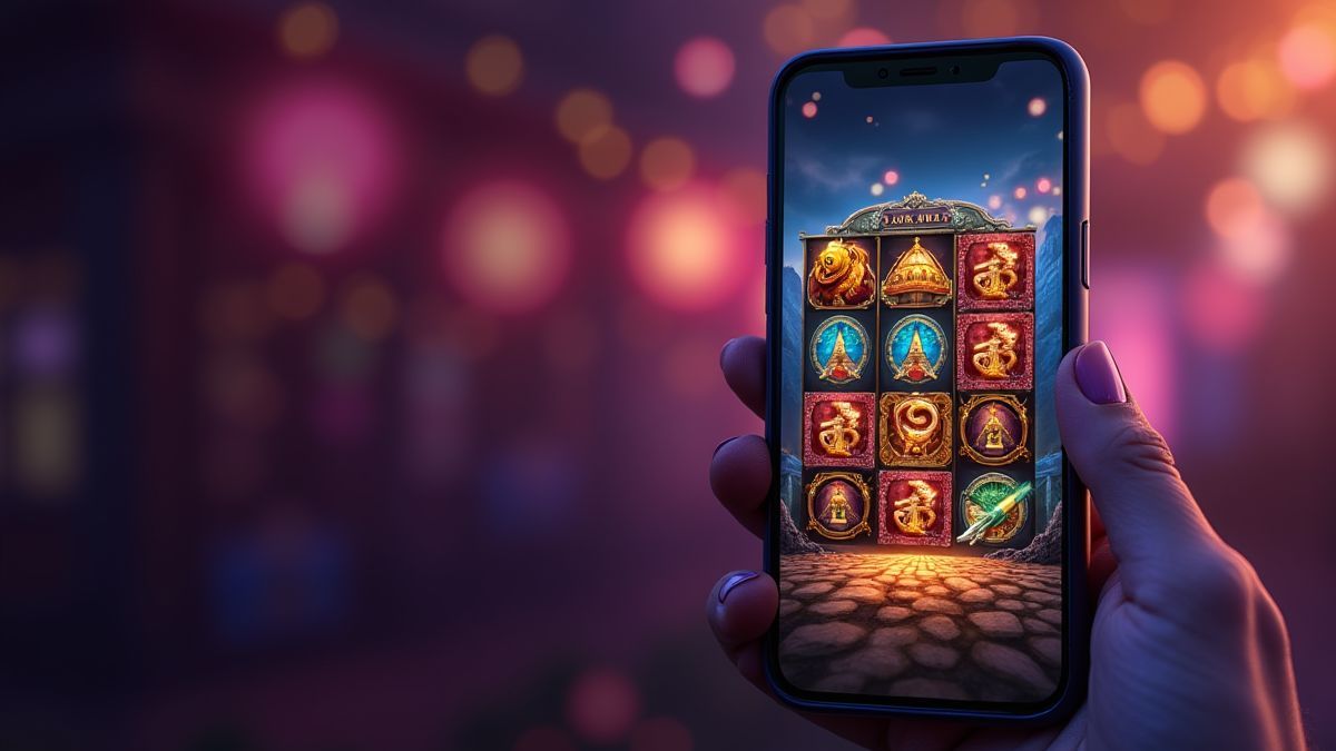 Mobiel scherm dat een gokkastinterface toont.