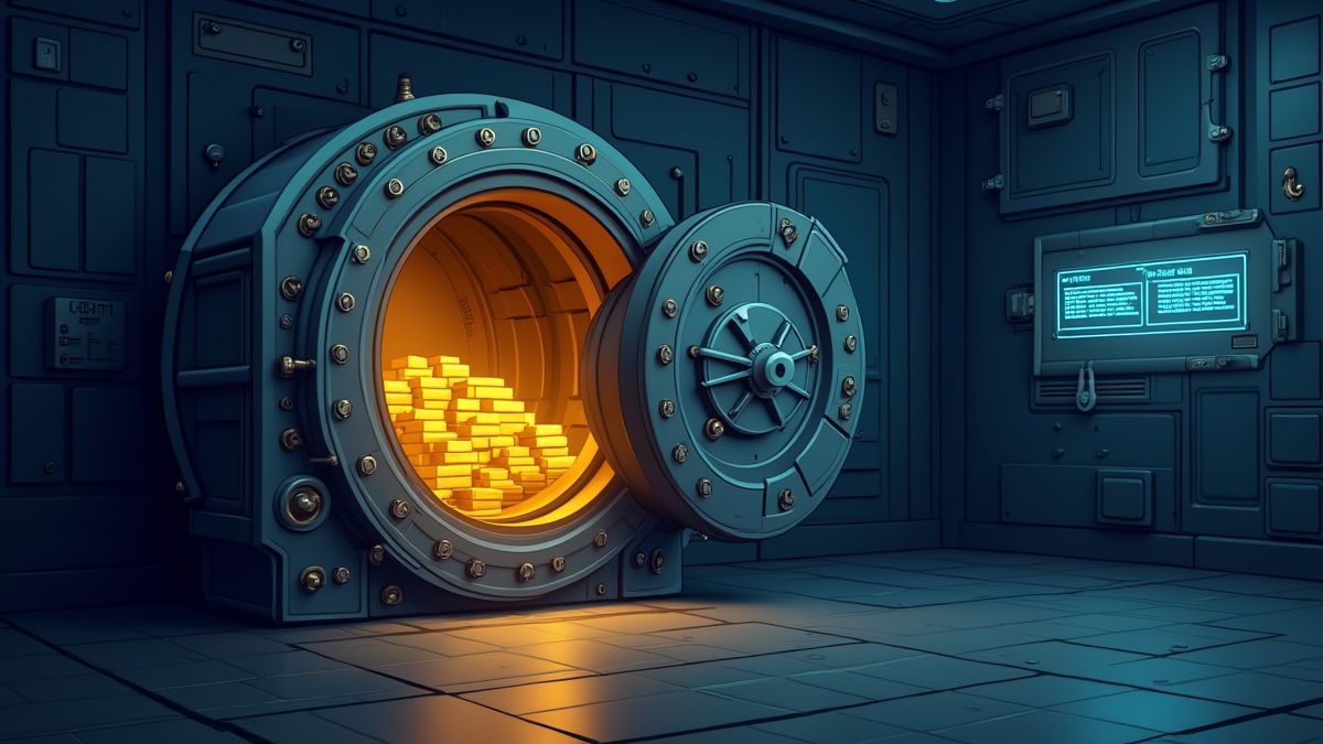 Coffre-fort moderne avec des barres d'or et des systèmes de sécurité avancés.