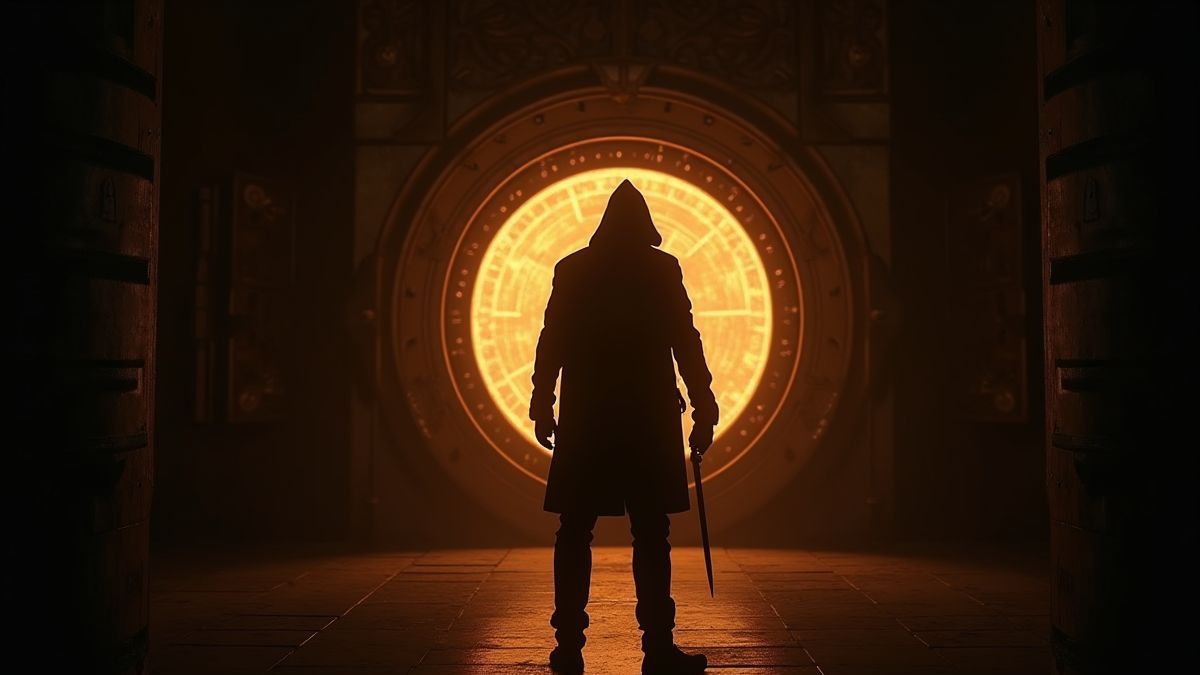 Voleur en silhouette devant une porte de coffre-fort illuminée.