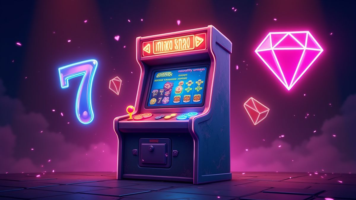 Máquina arcade de neón con símbolos de tragamonedas.