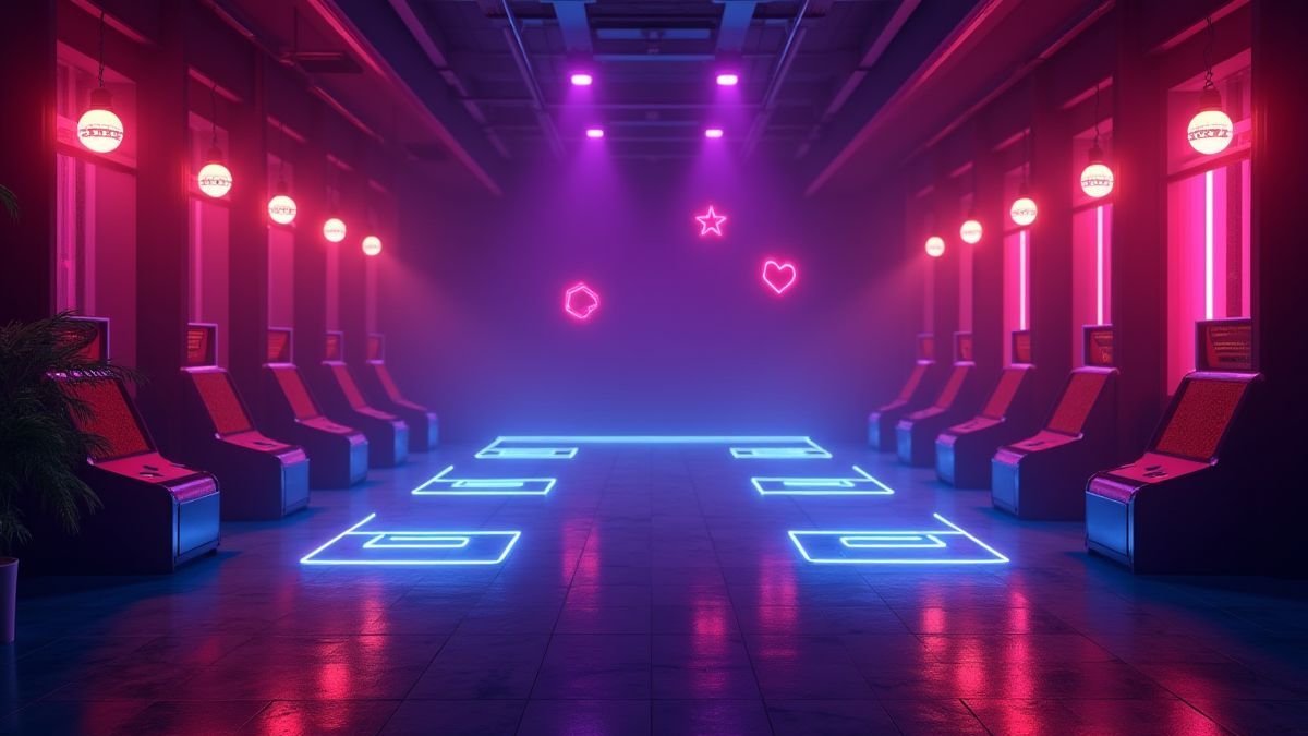 Entorno de arcade retro iluminado con neón.