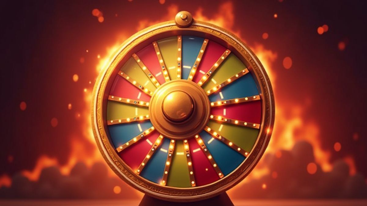 Roue de jackpot tournante avec lumières brillantes et fond de feu.