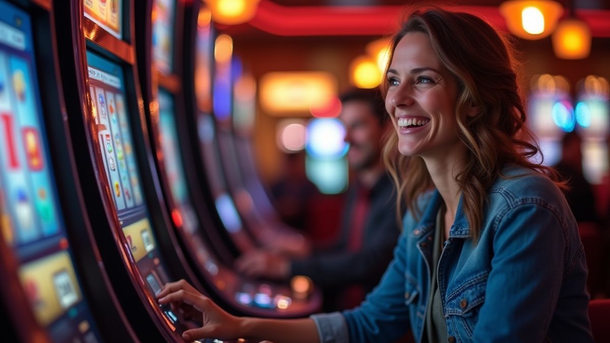 Joueur souriant jouant sur une machine à sous dans un casino confortable.