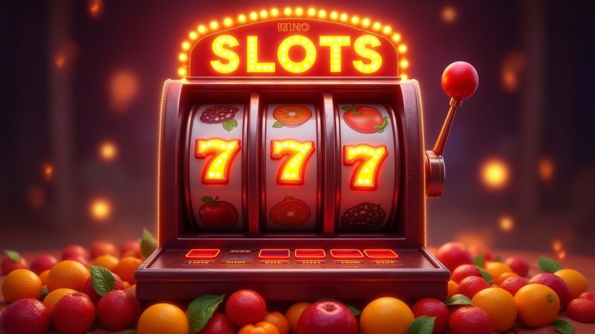 Een retro gokkast omringd door gloeiende vruchten en vlammen.