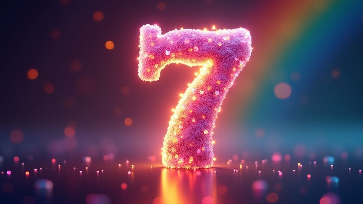 Shiny gems and the number 7 against a rainbow background.