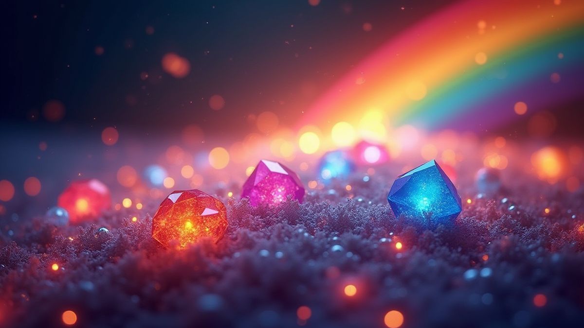 A rainbow filled with bright lights and gems.
