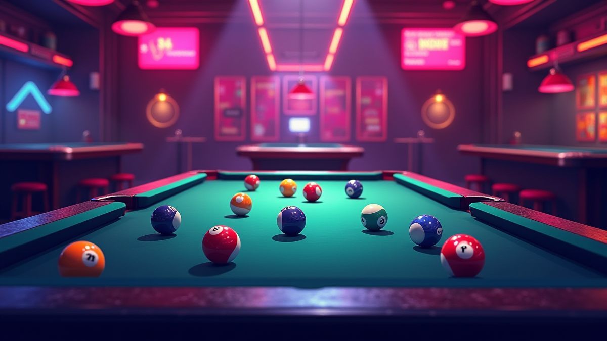 Mesa de bilhar com bolas de cores e um fundo de neon de cassino.