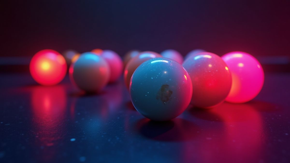 Bolas de bilhar brilhando sob luzes de neon.