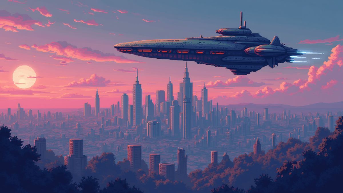 Nave espacial pixelada sobre uma cidade futurista.