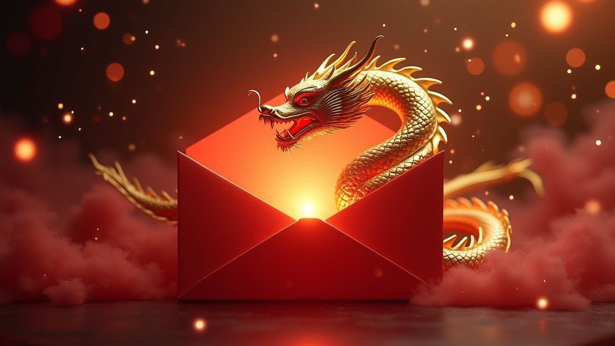 Gouden draak gewikkeld om een gloeiende rode envelop in een mystieke achtergrond.