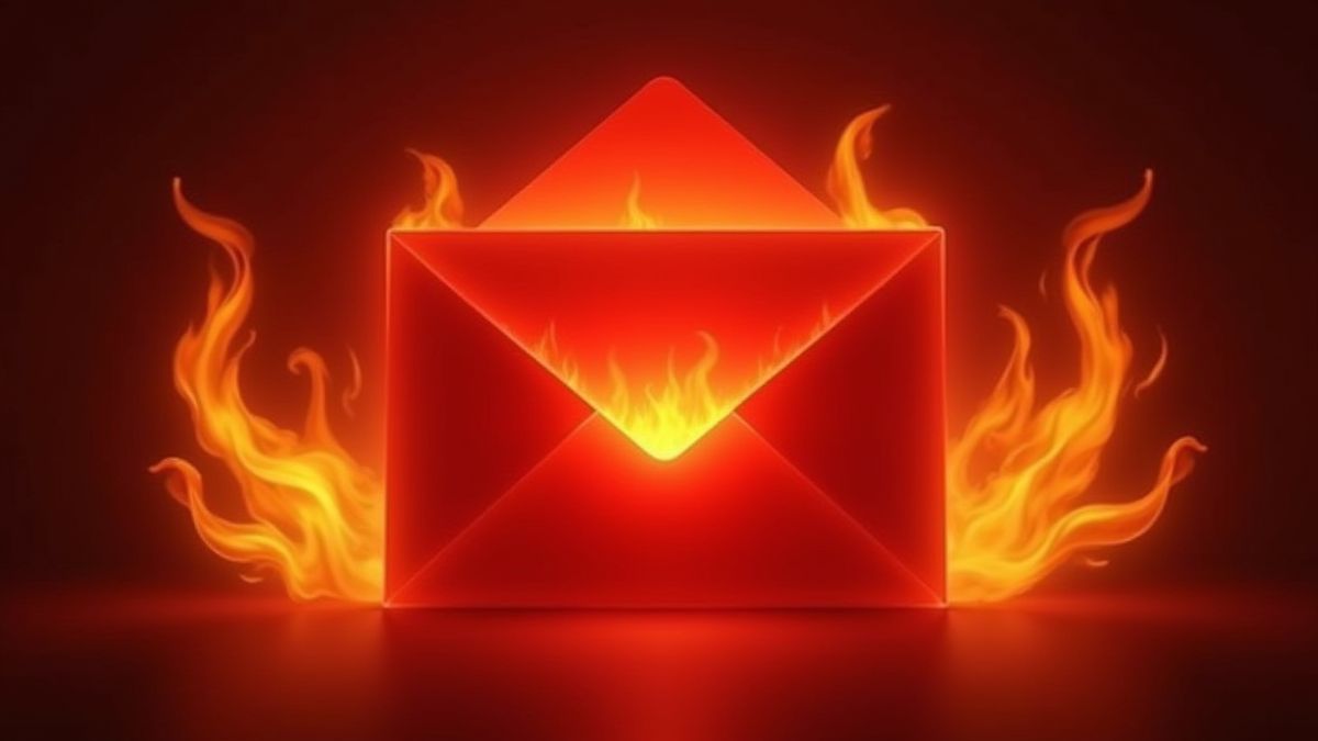 Gloeiende rode envelop omringd door gouden vlammen.