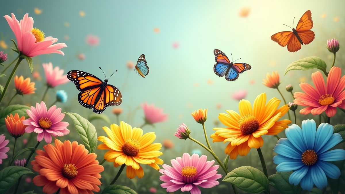 Un jardín lleno de flores coloridas y mariposas.