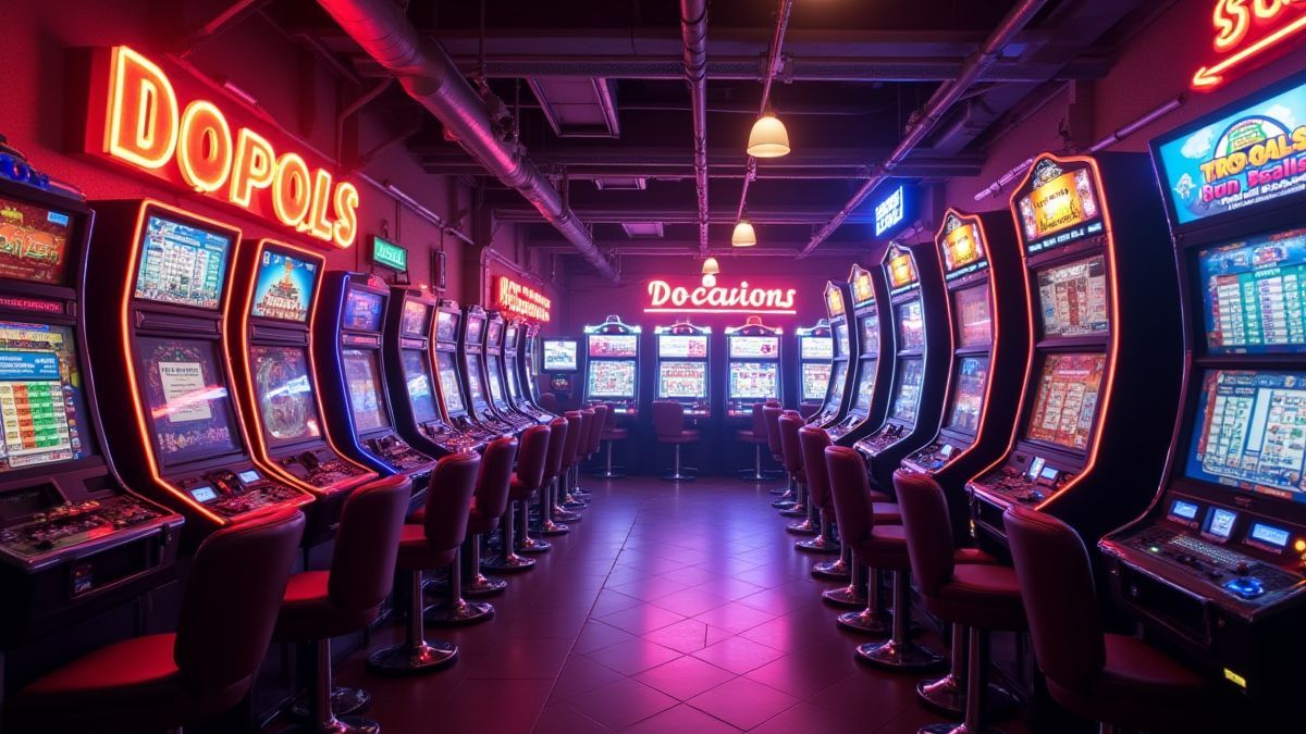 Un environnement de casino rétro avec des lumières néon et des machines d'arcade.