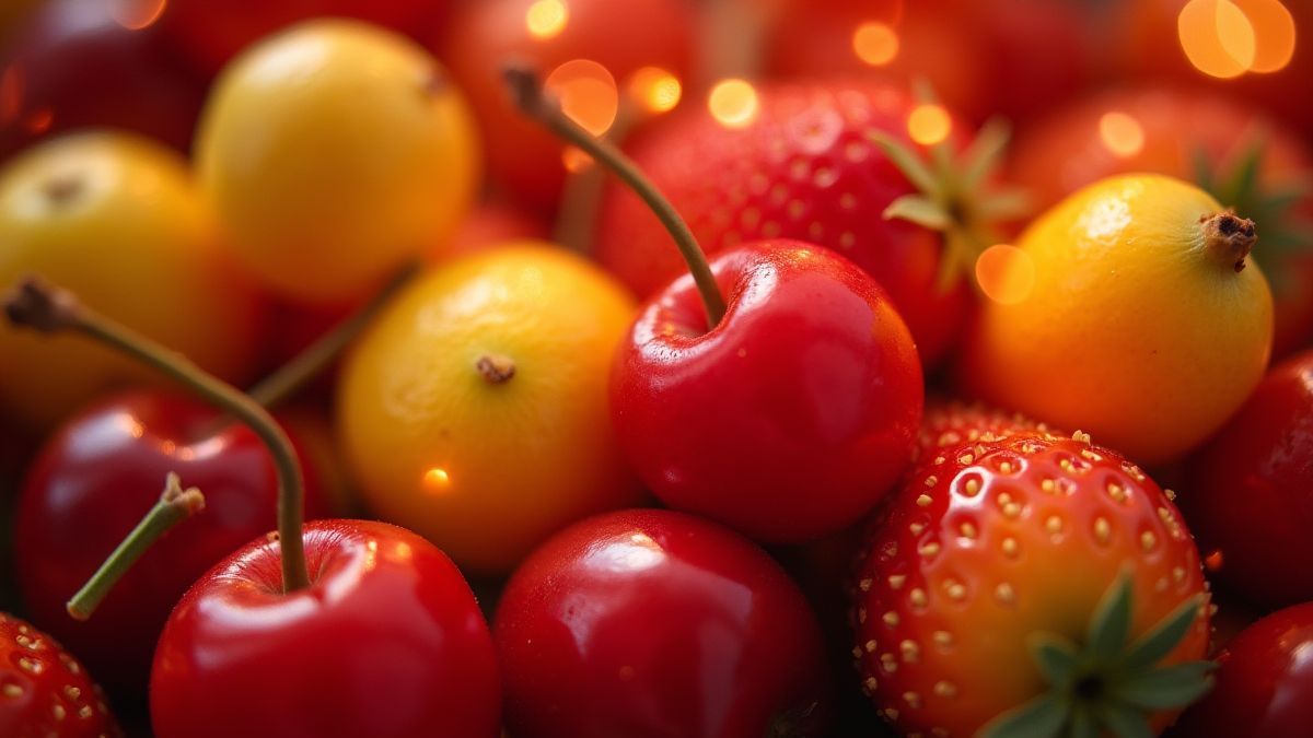 Des fruits colorés comme des cerises, des citrons et des fraises avec des effets brillants.