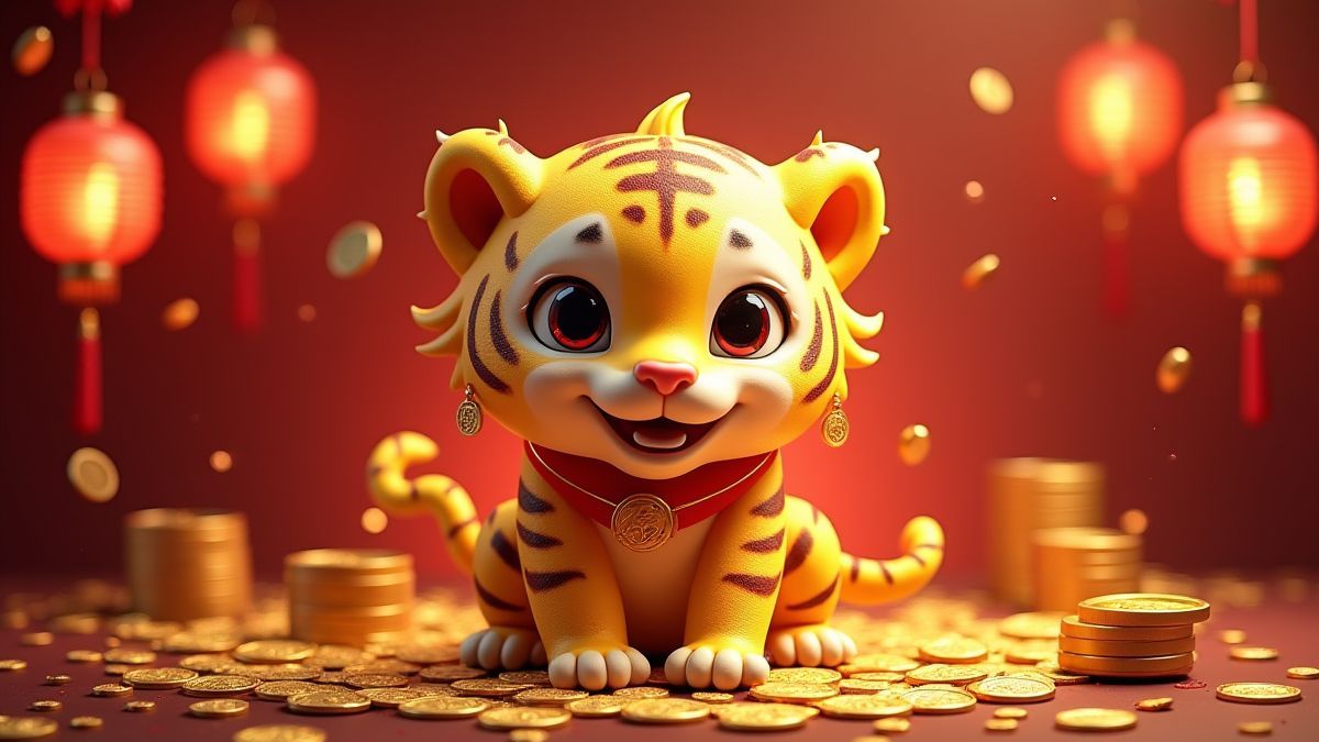 Un tigre dorado rodeado de monedas brillantes y farolillos.