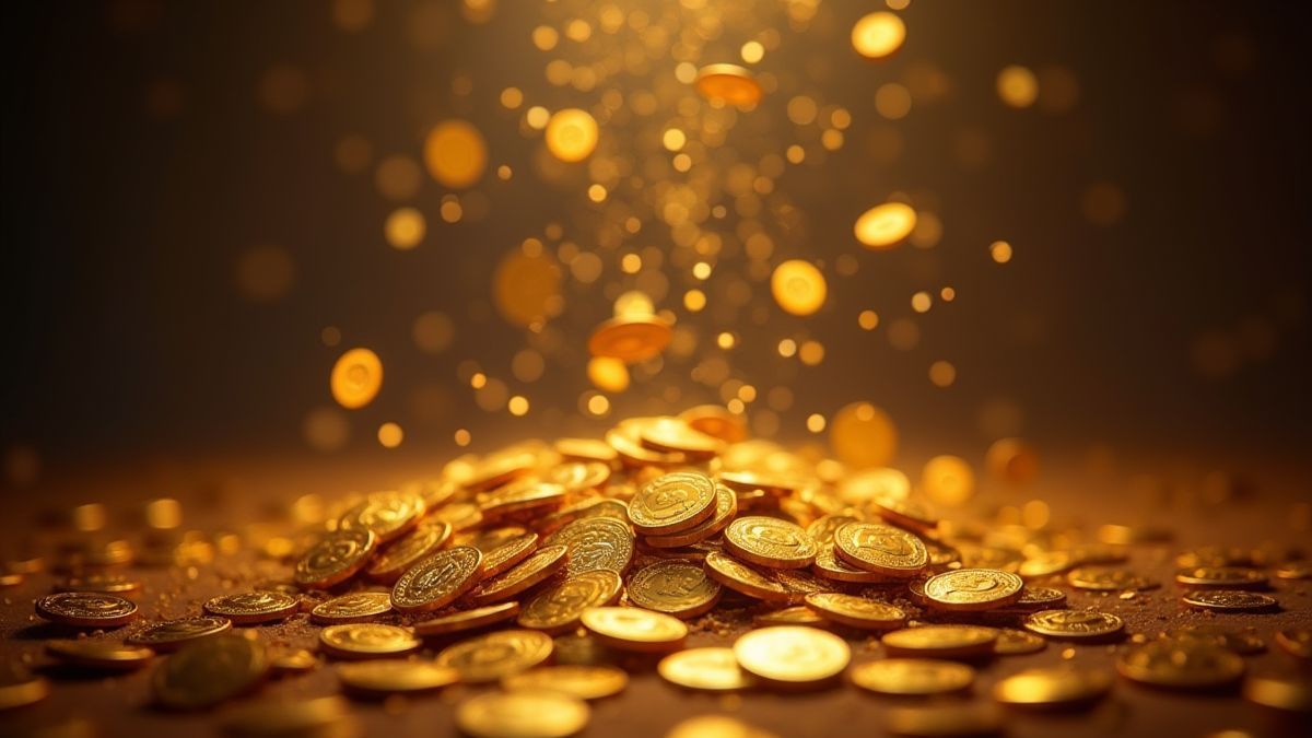 Monedas doradas y símbolos brillantes en un fondo místico.