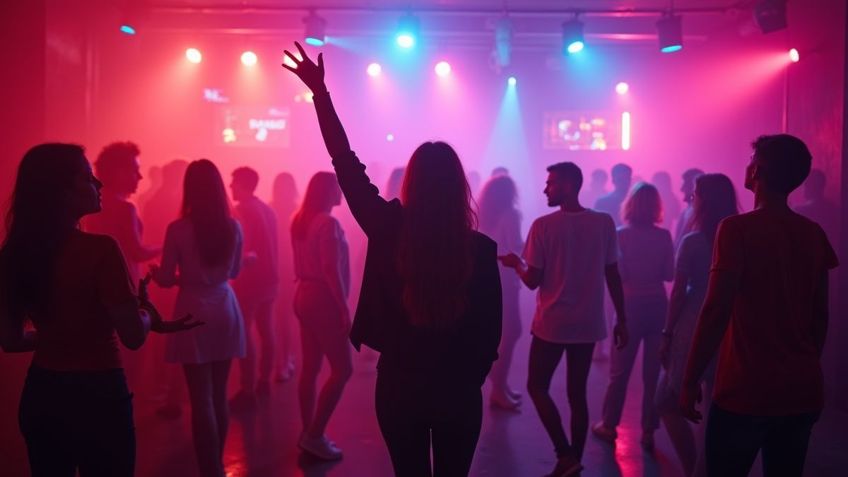 Szene einer Disco, beleuchtet mit Neonlichtern und Retro-Musik.