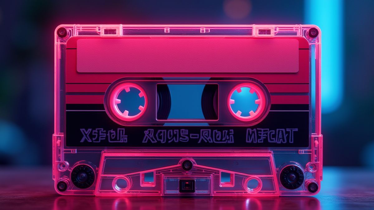 Retro-Kassette mit leuchtendem Design und Neonlichtern.