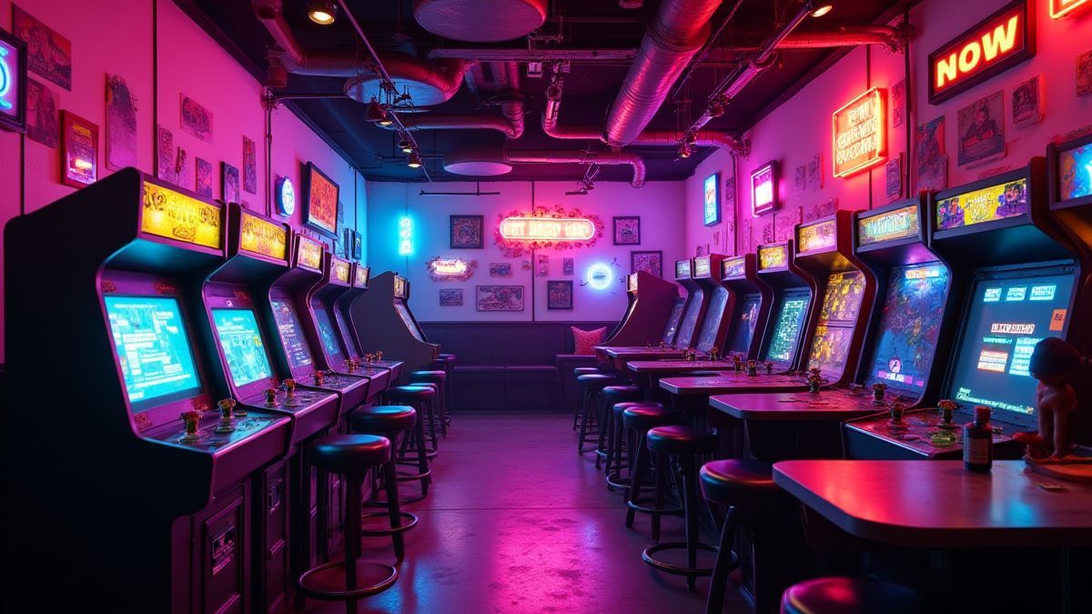 Arcade-Raum mit 80er-Jahre-Thema und Neonlichtern.