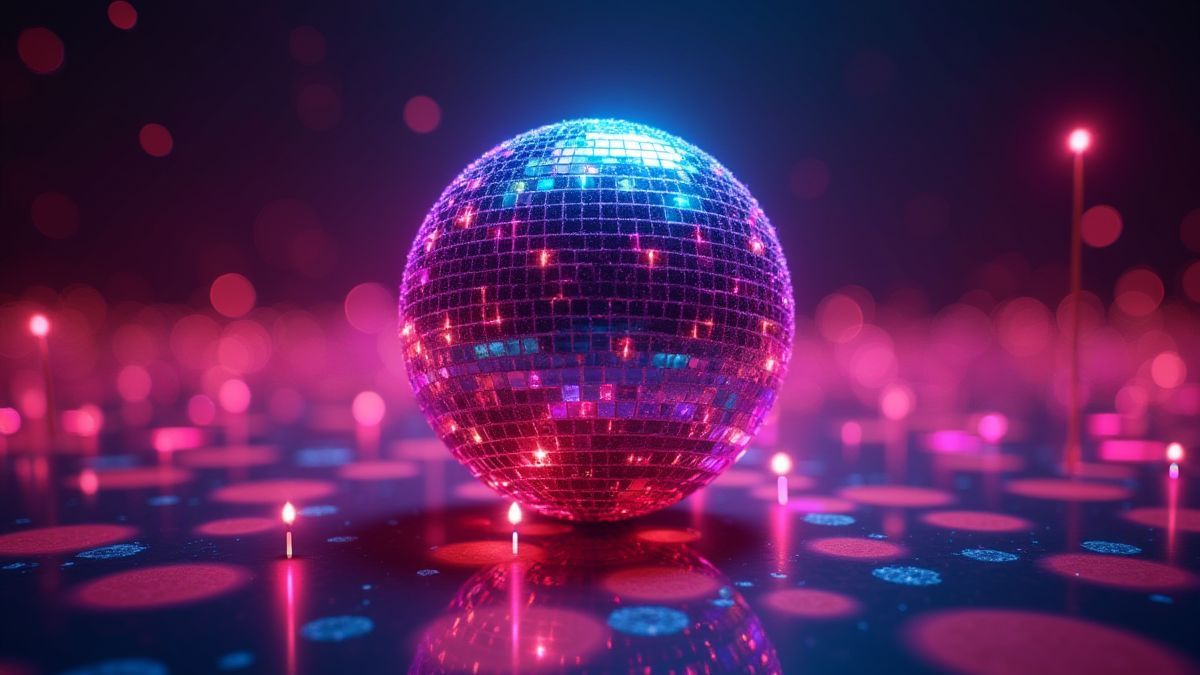 Bola de discoteca brillante rodeada de luces de neón.