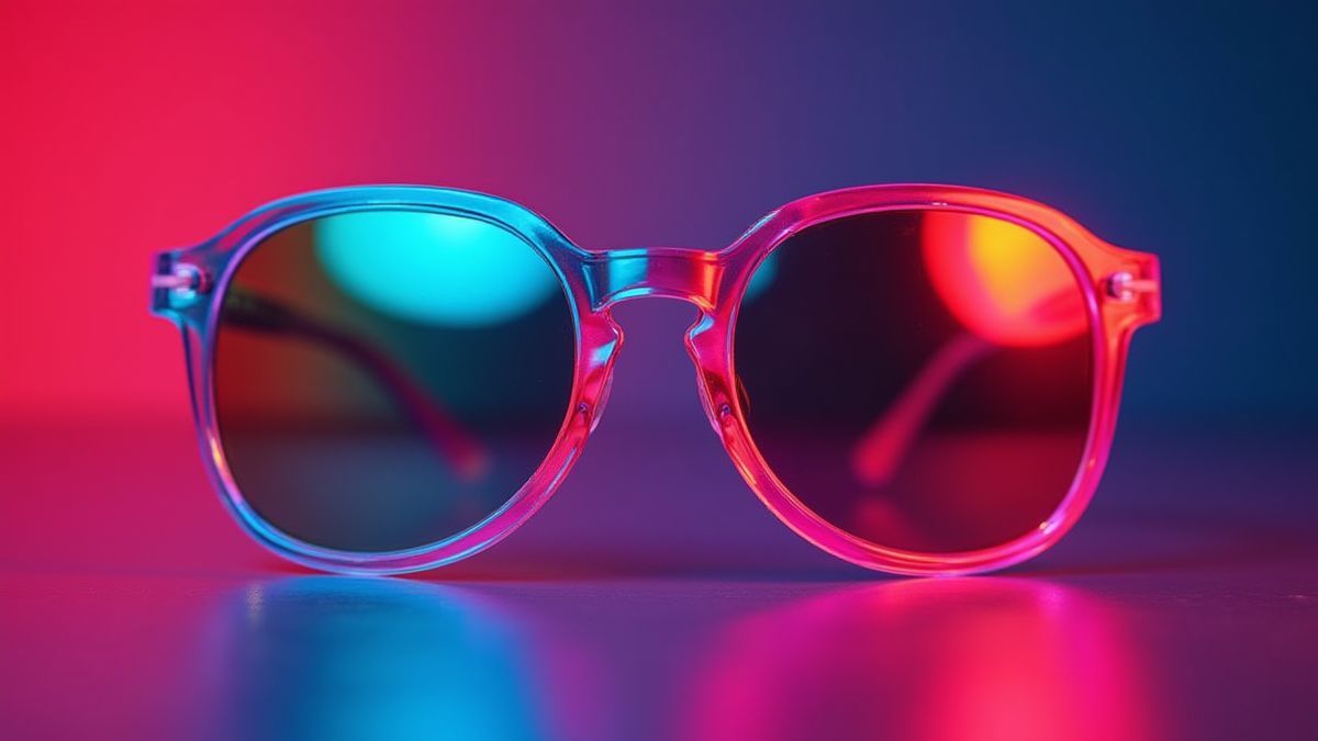 Gafas de sol retro con luces neón reflejadas.