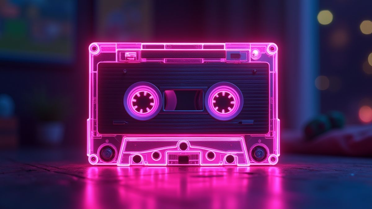 Casete de música de los años 80 con luces de neón.