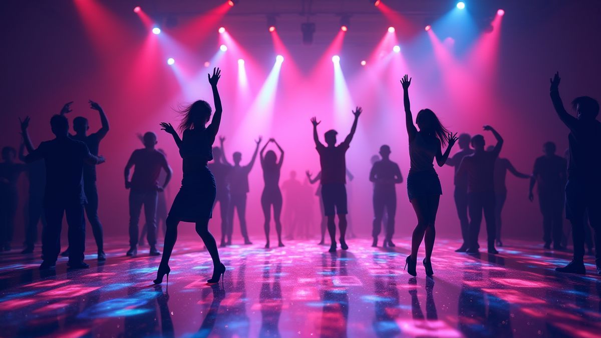Pista de baile iluminada con luces de colores y bailarines.