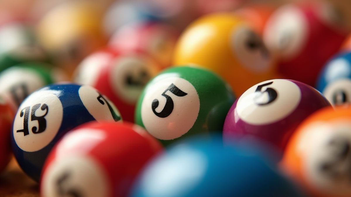 Bunte Bingobälle mit Zahlen in einer lebhaften Umgebung.