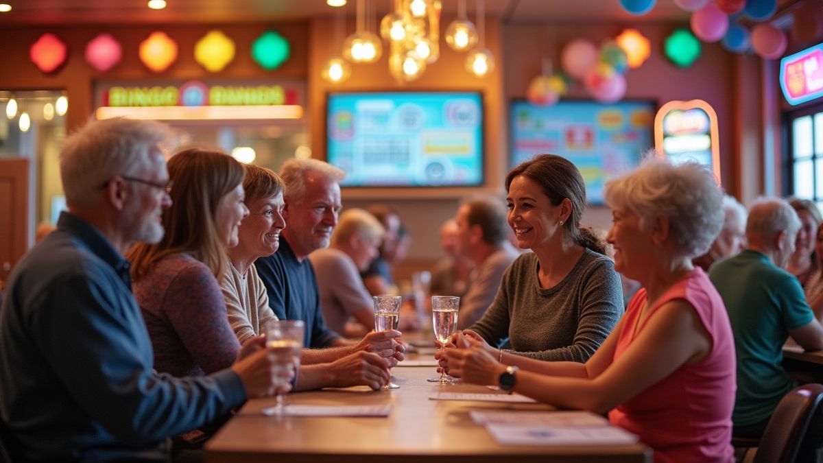 Ein fröhlicher Bingosaal mit interagierenden Spielern und bunten Dekorationen.