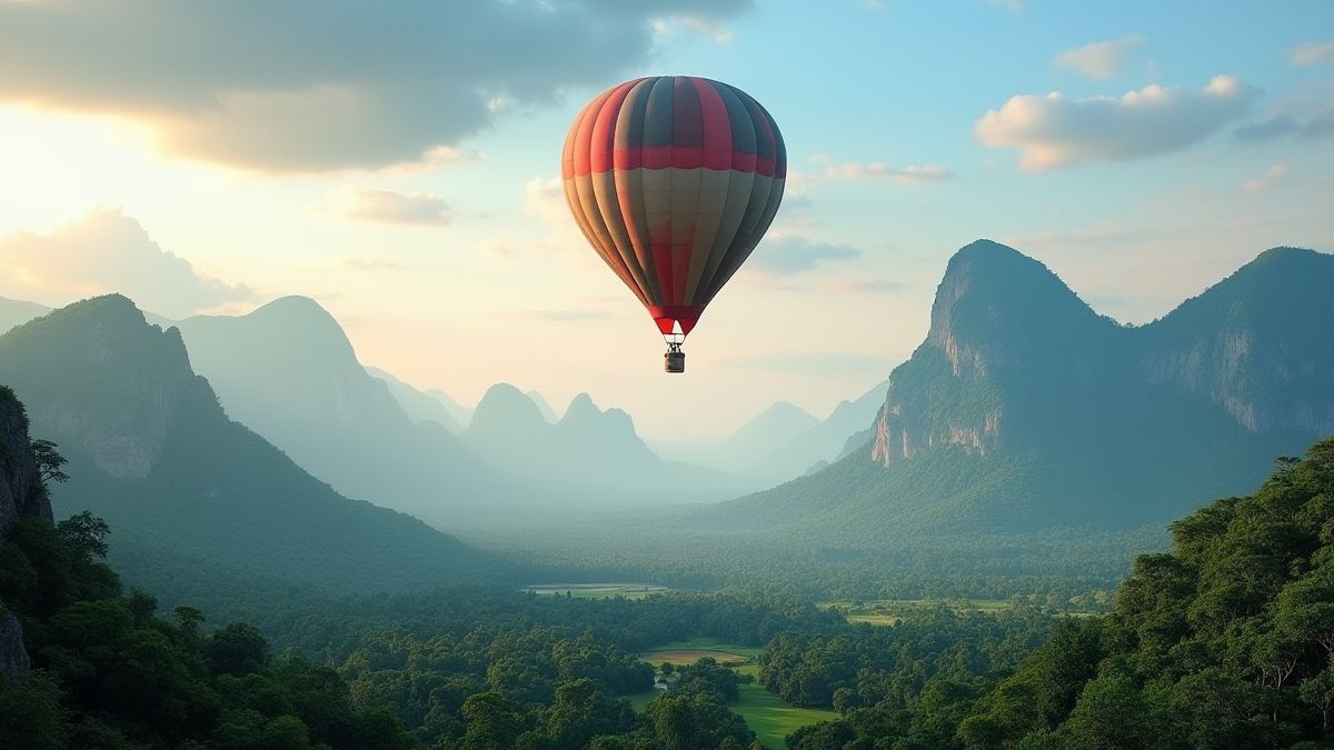 Paysage exotique avec un montgolfière survolant des montagnes et des jungles.