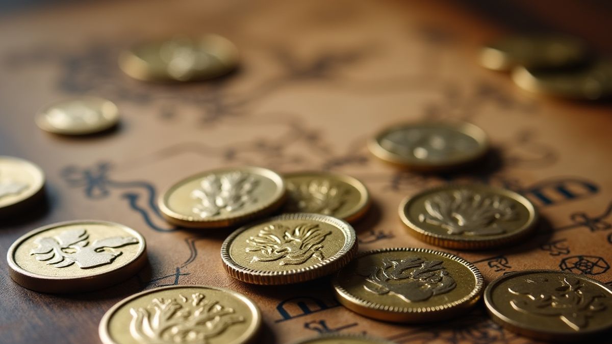 Pièces et jetons éparpillés sur une table en bois avec une carte au trésor en arrière-plan.