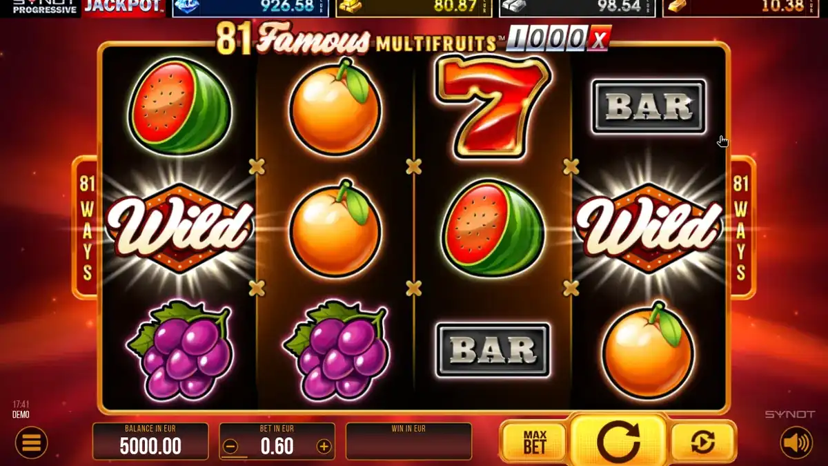 Pantalla del juego base de la tragaperras 81 Famous Multifruits 1000