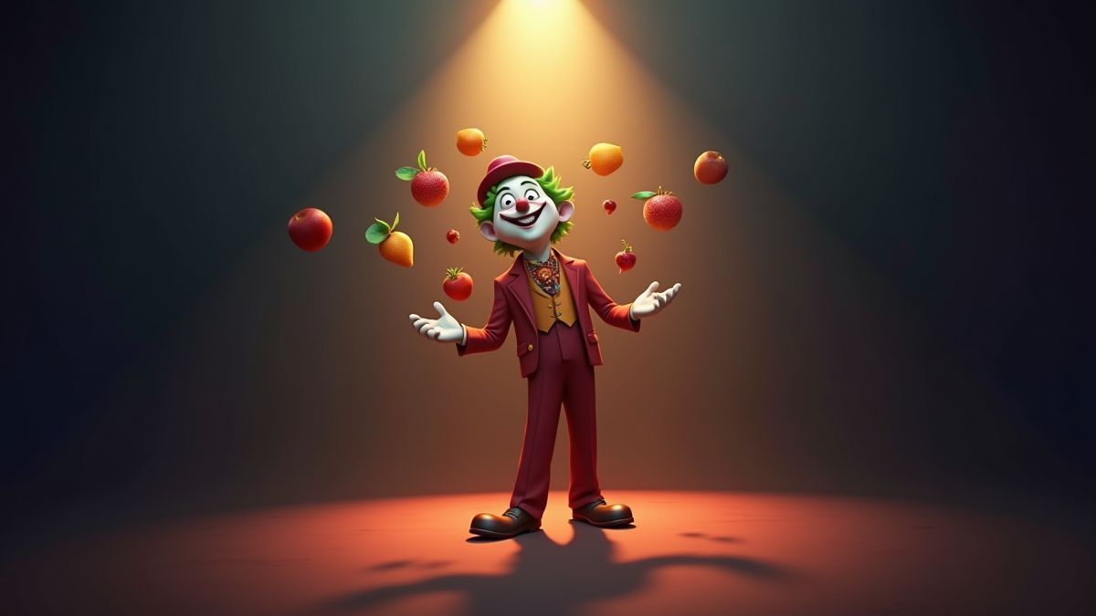 Ein animierter Joker, der mit Früchten unter einem hellen Licht spielt.
