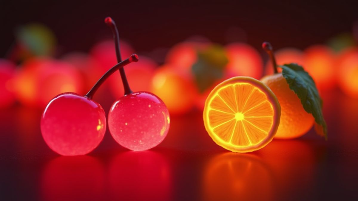 Früchte wie Kirschen und Zitronen, die in Neonlicht strahlen.