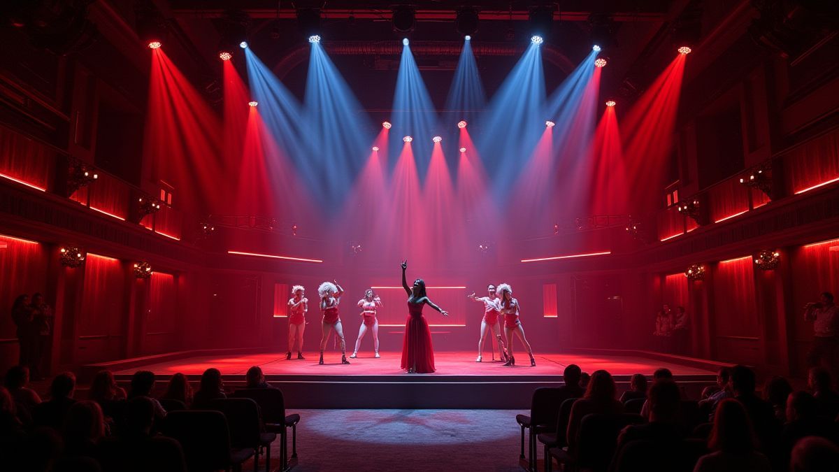 Escenario de cabaret con artistas y luces brillantes.