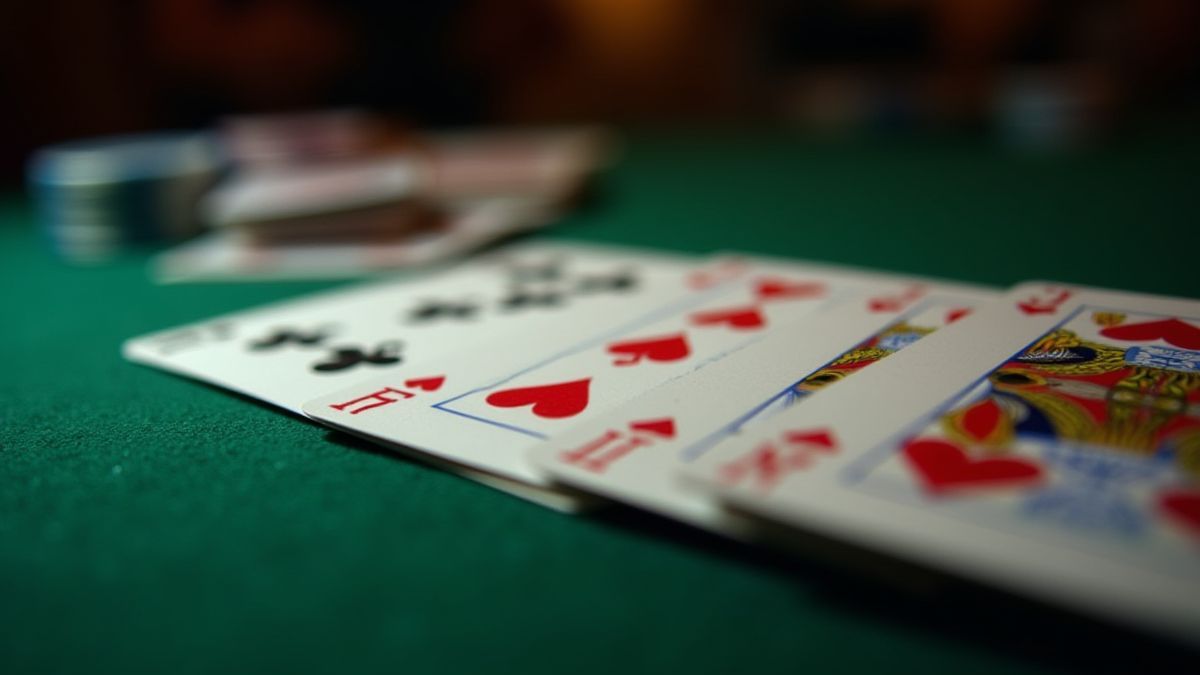 Baraja de cartas sobre una mesa de casino iluminada.