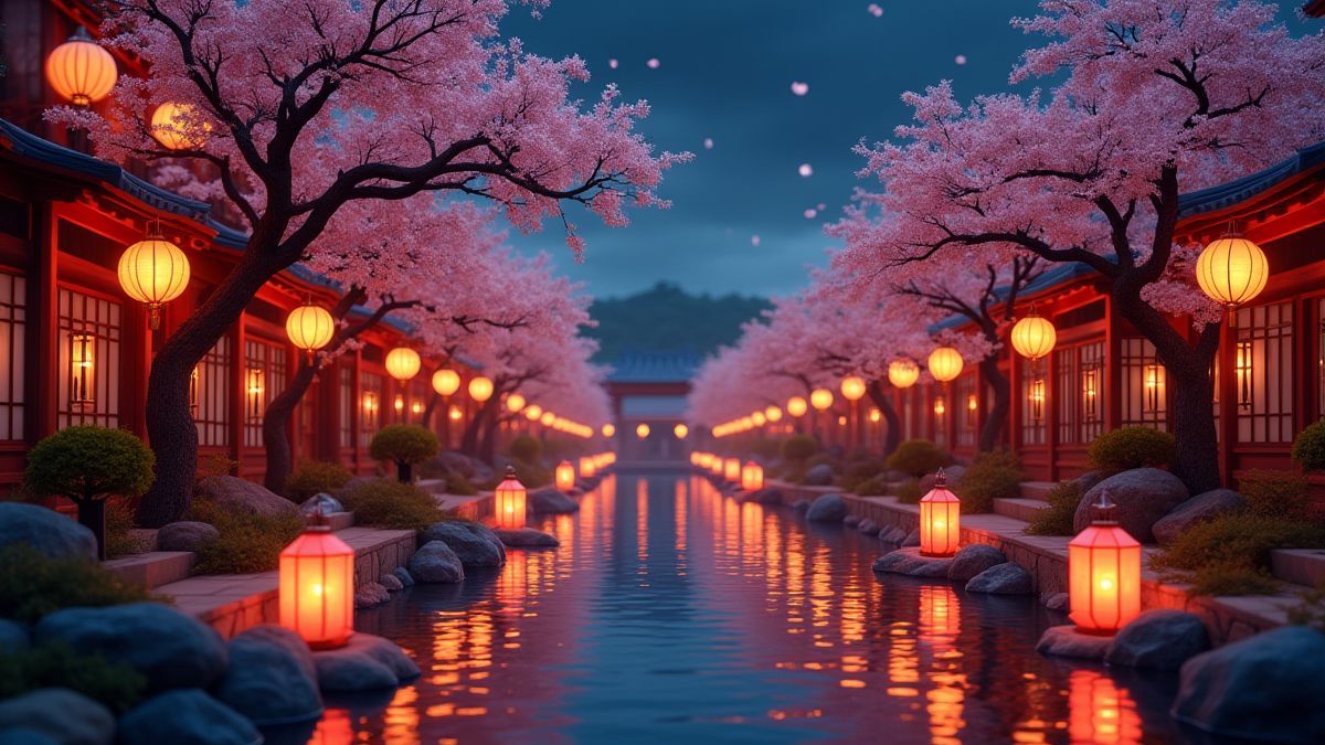Asiatisch inspiriertes Szenario mit Laternen und Kirschblüten bei Nacht.