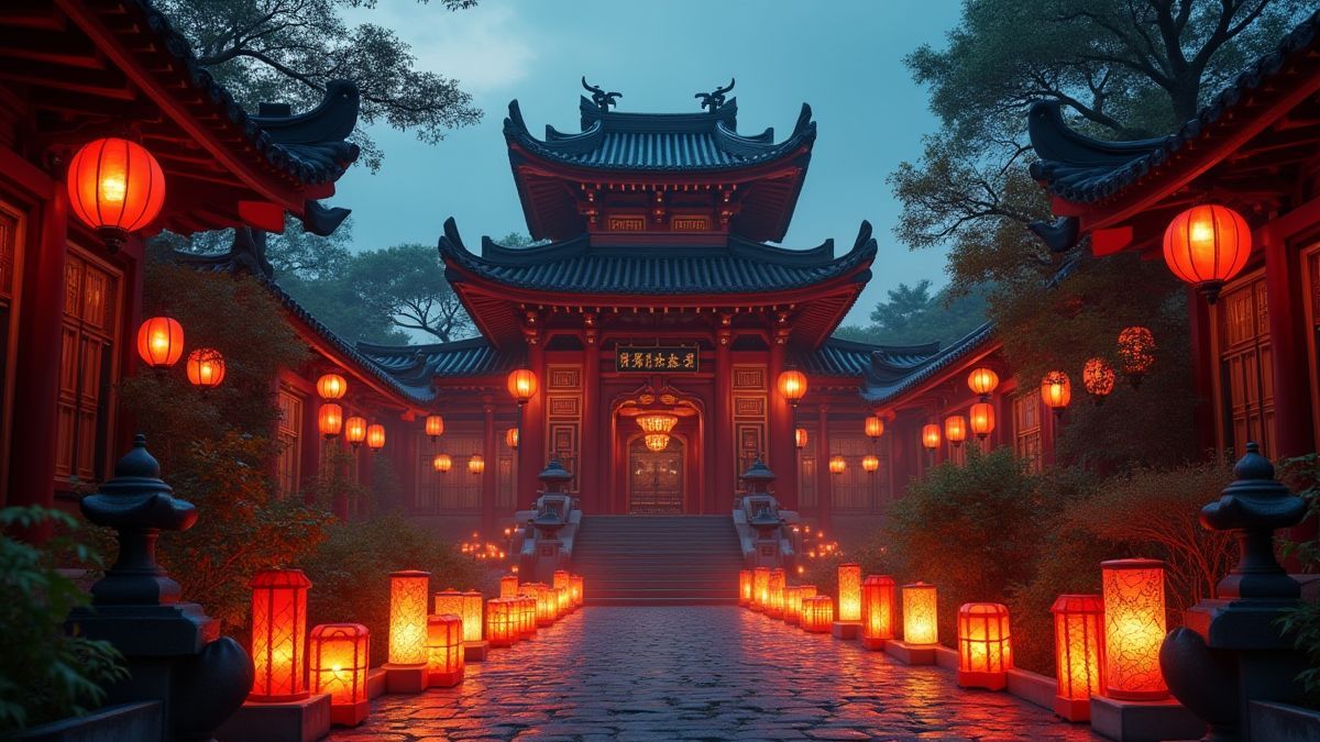 Un temple asiatique entouré de faroles lumineuses au crépuscule.